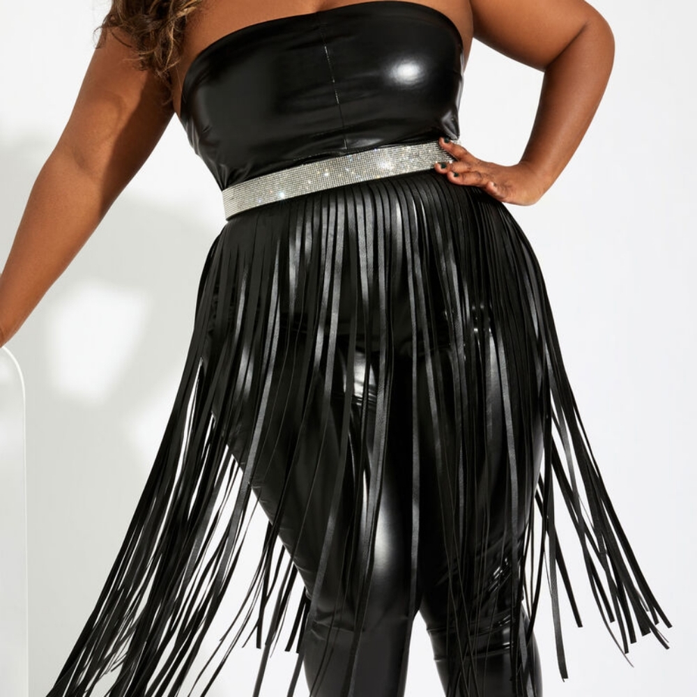 Ashley Stewart plus size faux leather fringe and rhinestone belt skirt 3x